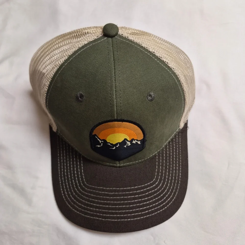 Outdoor Cap Mens Mountain Sunset Patch Trucker Hat Olive Green Brown Snapback